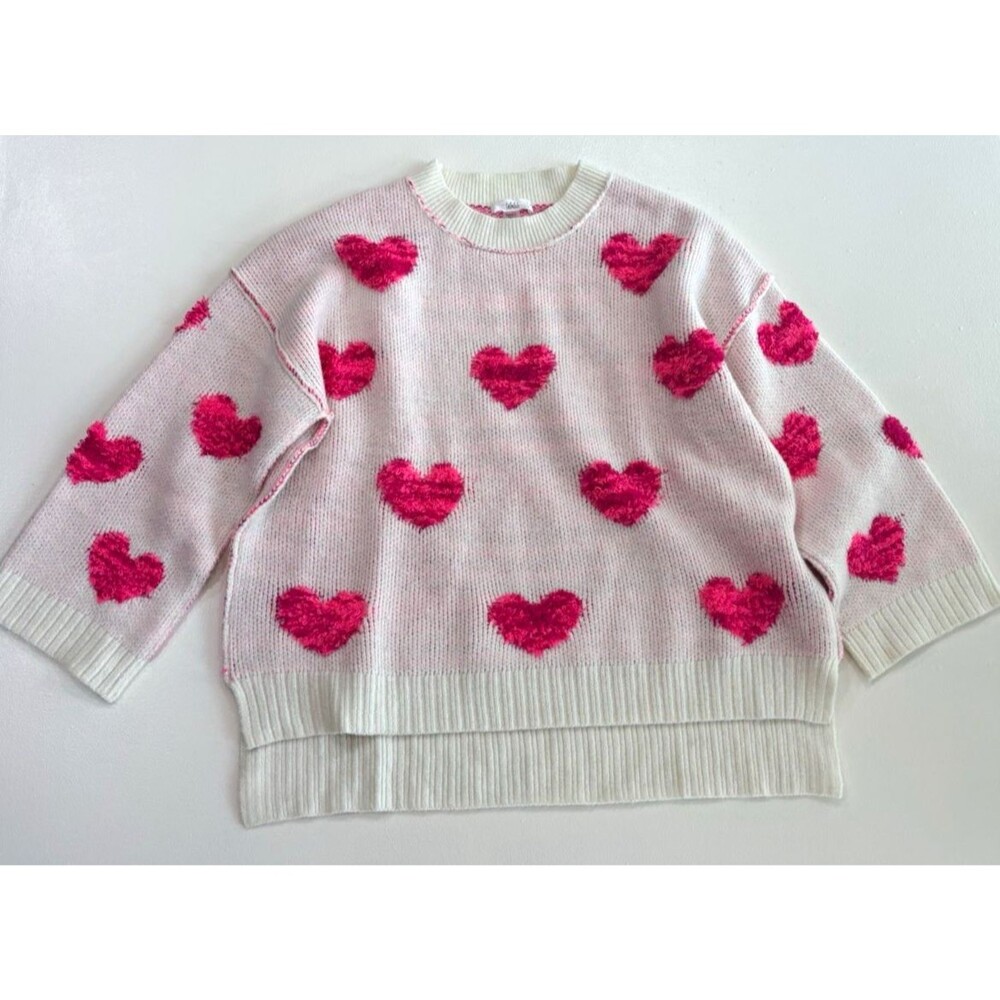 Talulah M Sweater Pullover Oversize White Pink Hearts Coquette